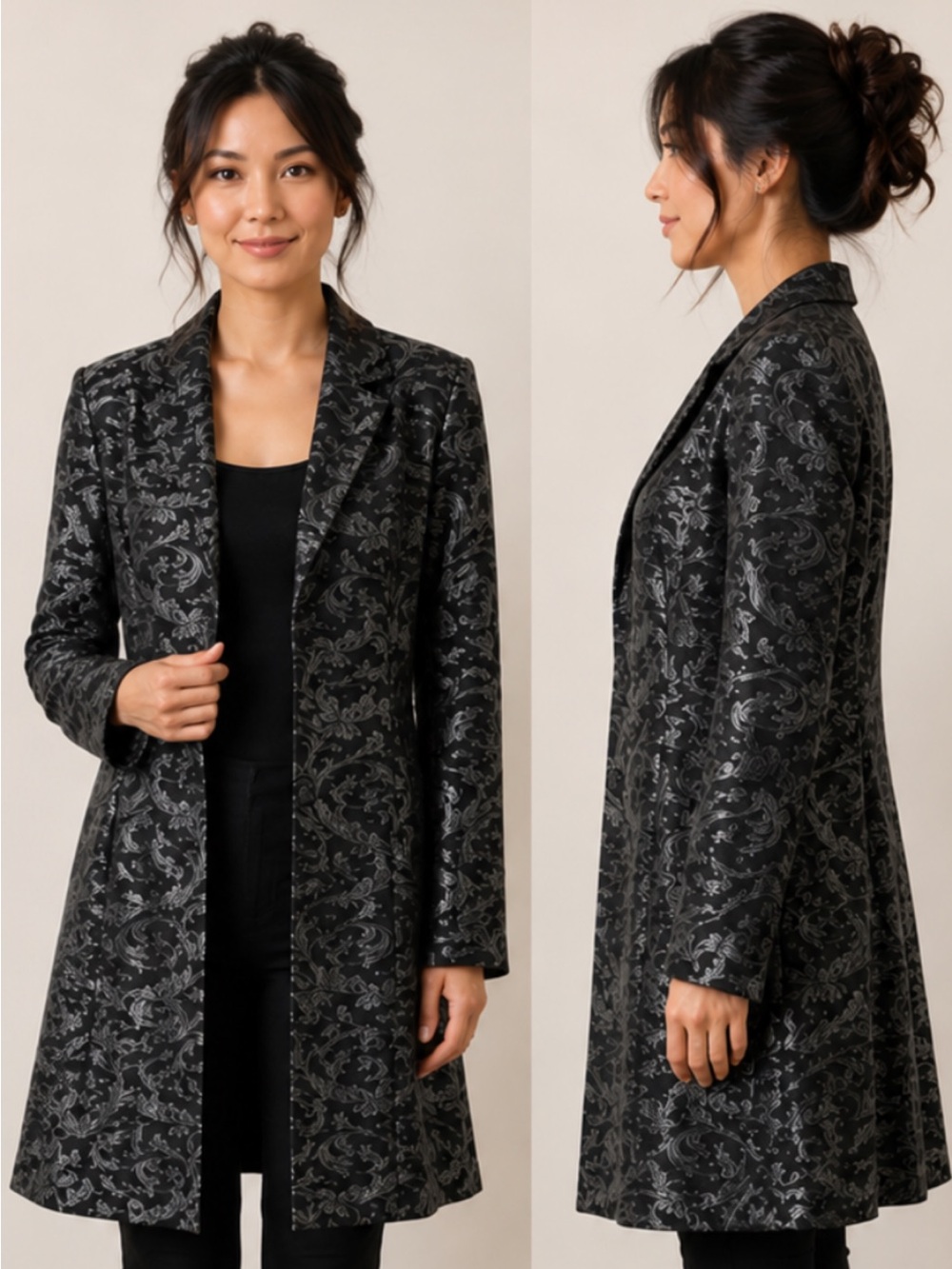 Vintage Baldanza Black & Silver Brocade Long Jacket Blazer Women’s Floral Evenin